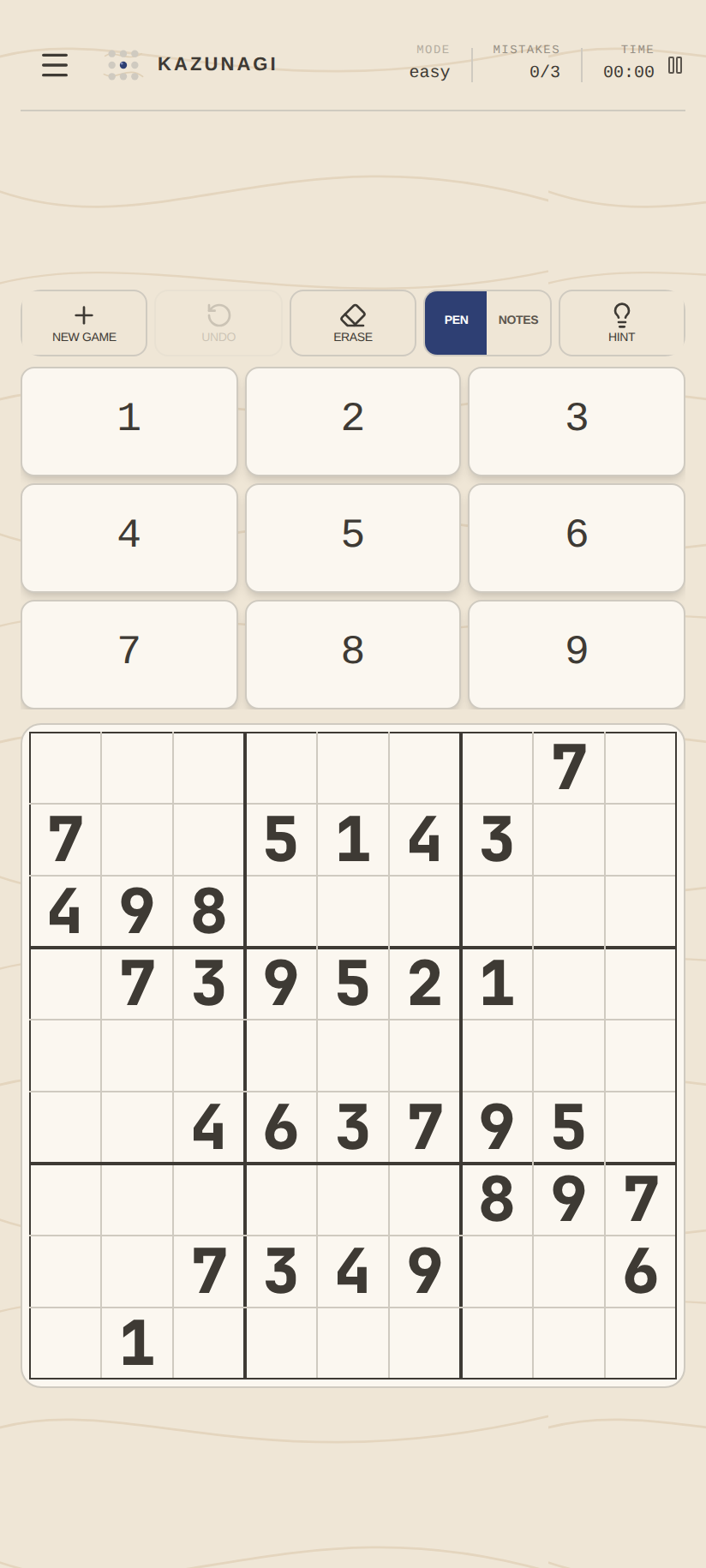 A phone game with the number pad above the Sudoku board. The board sits in the lower half of the screen, near the thumb.