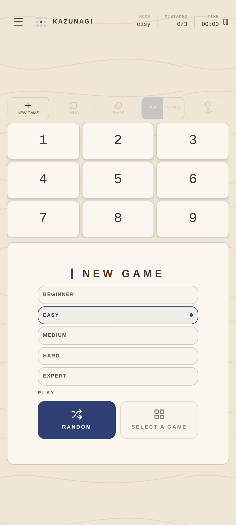 New game screen on a phone: difficulties from Beginner to Expert, with Random and Select a game.